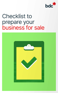 Illustration of a clipboard in bright colors with the text Checklist to prepare your business for sale