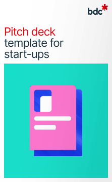 Illustration of a paper document in bright colors with text Pitch deck template for start-ups