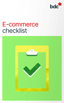 Illustration of a clipboard in bright colors with the text E-commerce checklist