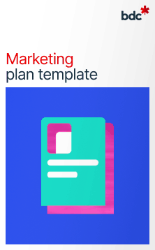 Illustration of a paper document in bright colors with text Marketing Plan Template