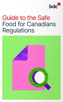 Illustration of a pink document and magnifying glass with the text Guide to the Safe Food for Canadians Regulations