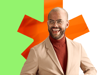 Employé de BDC dans une pose dynamique sur fond vert et feuille orange